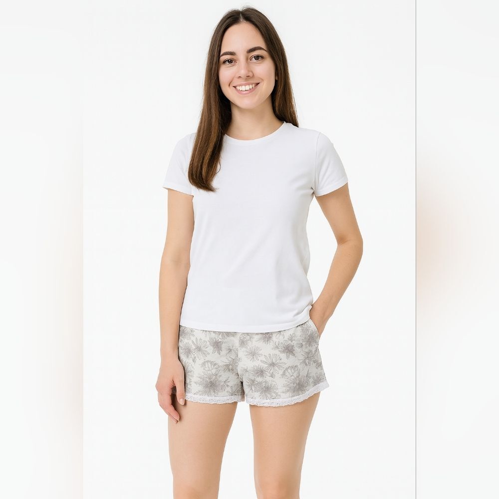 H&M Cotton & Lace Pajama Short Shorts L Grey Floral Elastic Waist Pull On